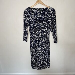 Lauren Ralph Lauren Faux Wrap Dress Womens 4 Blue White 3/4 Sleeve Stretch